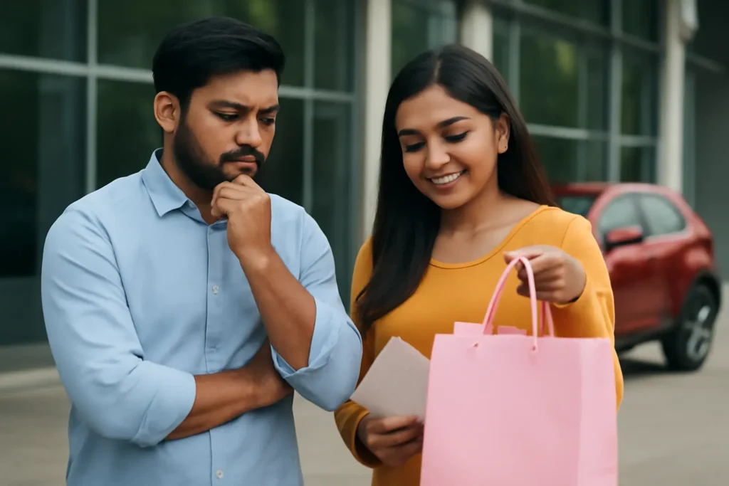 couple comparing purchases