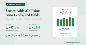 Sensex ends 274 points higher at 77,928 and Nifty at 24,317 on 30 July 2026 as auto stocks rise after the US Fed holds rates.
