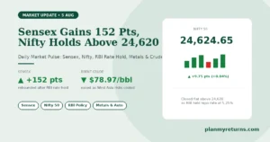 sensex-nifty-rebound-5-august-2026.webp Featured Image Alt Text: Indian stock market performance on 5 August 2026 showing Sensex gain, Nifty flat close, RBI rate hold, and crude oil dip.