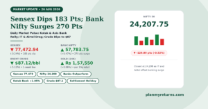 Indian stock market performance on 26 August 2026 showing Sensex fall, Bank Nifty surge to 57784, and crude oil plunge to 87 dollars.