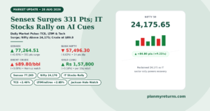 Indian stock market performance on 28 August 2026 showing Sensex surge, Nifty rebound above 24175, and IT stock rally.