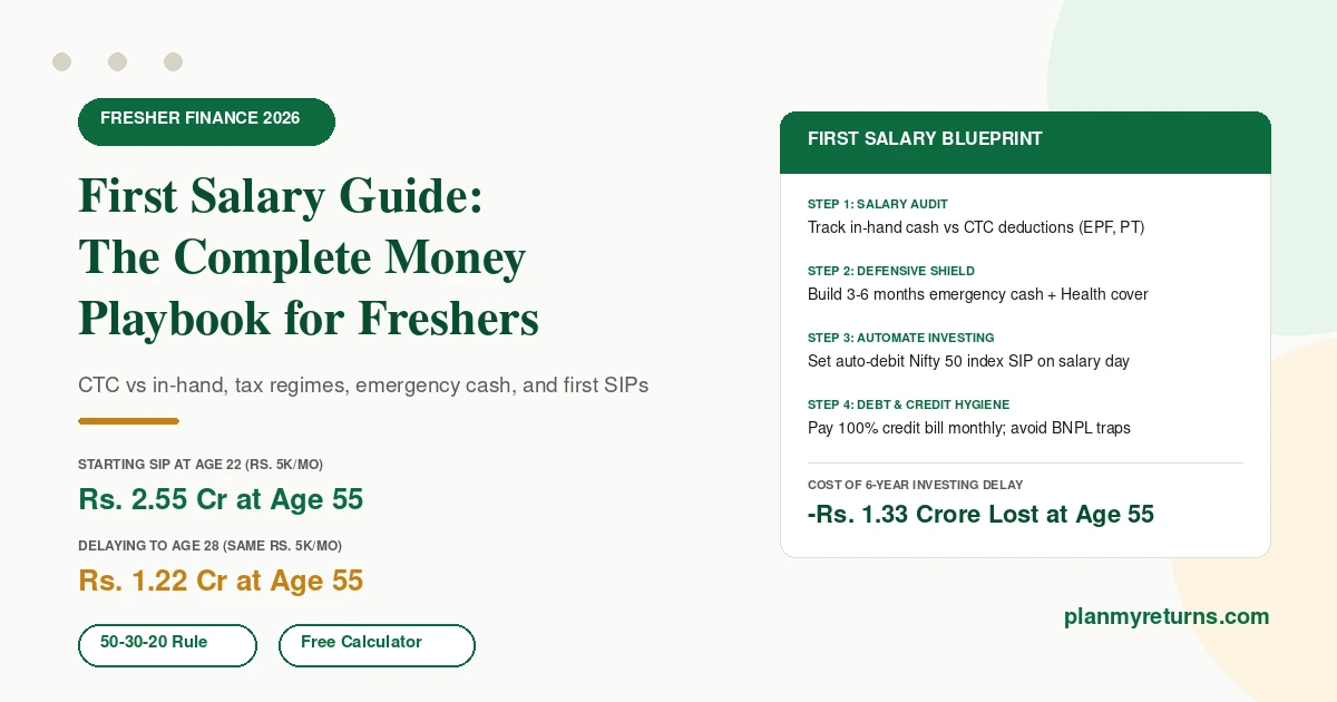 First salary financial guide infographic showing salary budgeting, CTC deductions, and index SIP growth