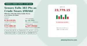 Indian stock market performance on 7 September 2026 showing Sensex fall, Nifty slipping below 23800, and crude oil rising to 98 dollars.