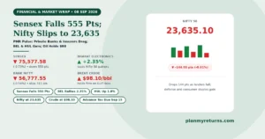 Indian stock market performance on 8 September 2026 showing Sensex fall 555 points, Nifty slip to 23635, and BEL share price gain.