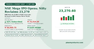 Indian stock market performance on 17 September 2026 showing NSE IPO opening with 42 percent subscription, Nifty climbing to 23270, and Brent crude falling to 103 dollars.