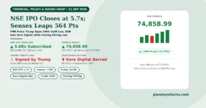 Indian stock market and economy overview on 21 September 2026 showing NSE IPO closing with 5.68 times subscription, Sensex surging 564 points, SEBI barring Kore Digital promoters, and Trump signing the tariff law.