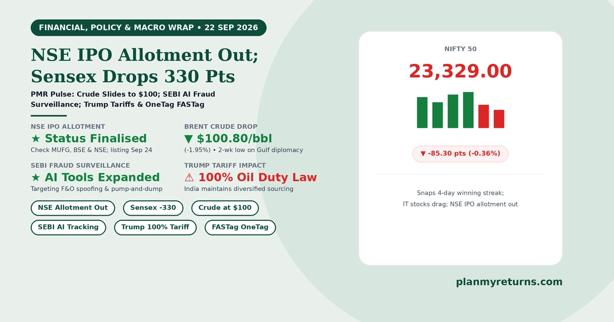 Indian stock market and economy overview on 22 September 2026 showing NSE IPO basis of allotment finalised, Sensex falling 330 points, Brent crude dropping to 100 dollars, and SEBI expanding AI fraud surveillance.