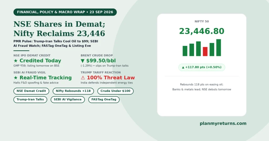 Indian stock market and economy overview on 23 September 2026 showing NSE IPO shares credited to demat accounts, Nifty climbing 118 points, Brent crude falling below 100 dollars, and SEBI expanding AI fraud surveillance.