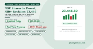 Indian stock market and economy overview on 23 September 2026 showing NSE IPO shares credited to demat accounts, Nifty climbing 118 points, Brent crude falling below 100 dollars, and SEBI expanding AI fraud surveillance.