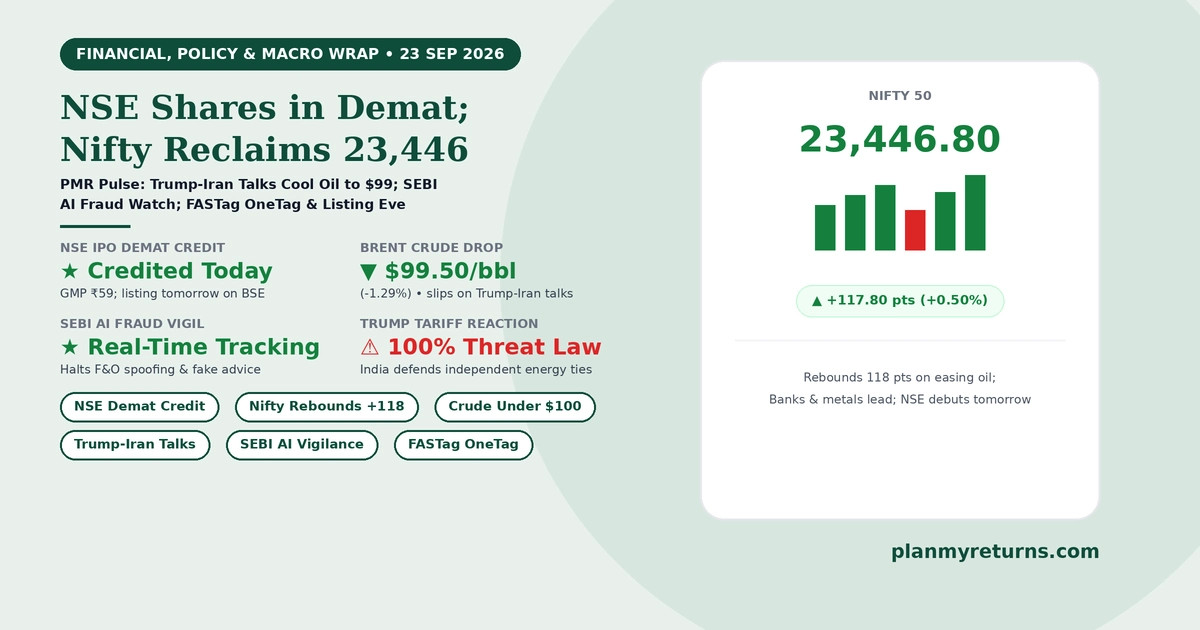 Indian stock market and economy overview on 23 September 2026 showing NSE IPO shares credited to demat accounts, Nifty climbing 118 points, Brent crude falling below 100 dollars, and SEBI expanding AI fraud surveillance.