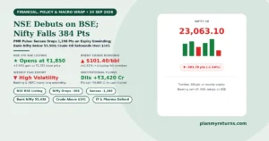 Indian stock market and economy overview on 24 September 2026 showing NSE shares debuting on BSE, Nifty tumbling 384 points, Brent crude rebounding above 101 dollars, and banking stocks leading broad declines.