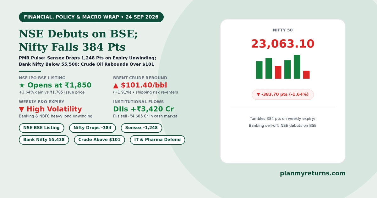 Indian stock market and economy overview on 24 September 2026 showing NSE shares debuting on BSE, Nifty tumbling 384 points, Brent crude rebounding above 101 dollars, and banking stocks leading broad declines.