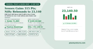 Indian stock market and economy overview on 25 September 2026 showing Sensex climbing 315 points, Nifty reclaiming 23,140, NSE shares consolidating near 1,865, and auto stocks leading Friday gains.