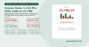 Indian stock market and economy overview on 28 September 2026 showing Sensex falling 1,124 points, Nifty dropping to 22,780, Brent crude climbing above 102 dollars, and banking stocks sliding.