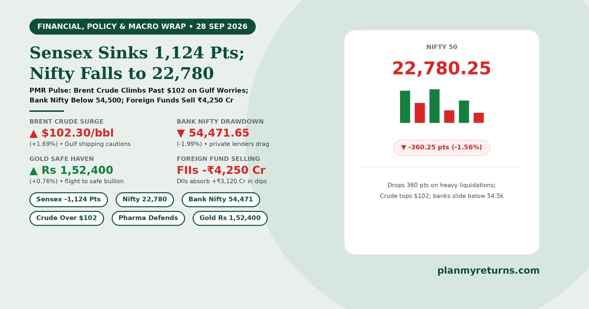 Indian stock market and economy overview on 28 September 2026 showing Sensex falling 1,124 points, Nifty dropping to 22,780, Brent crude climbing above 102 dollars, and banking stocks sliding.