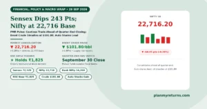 Indian stock market and economy overview on 29 September 2026 showing Sensex dipping 243 points, Nifty settling at 22,716, crude oil steady at 101 dollars, and auto stocks gaining.