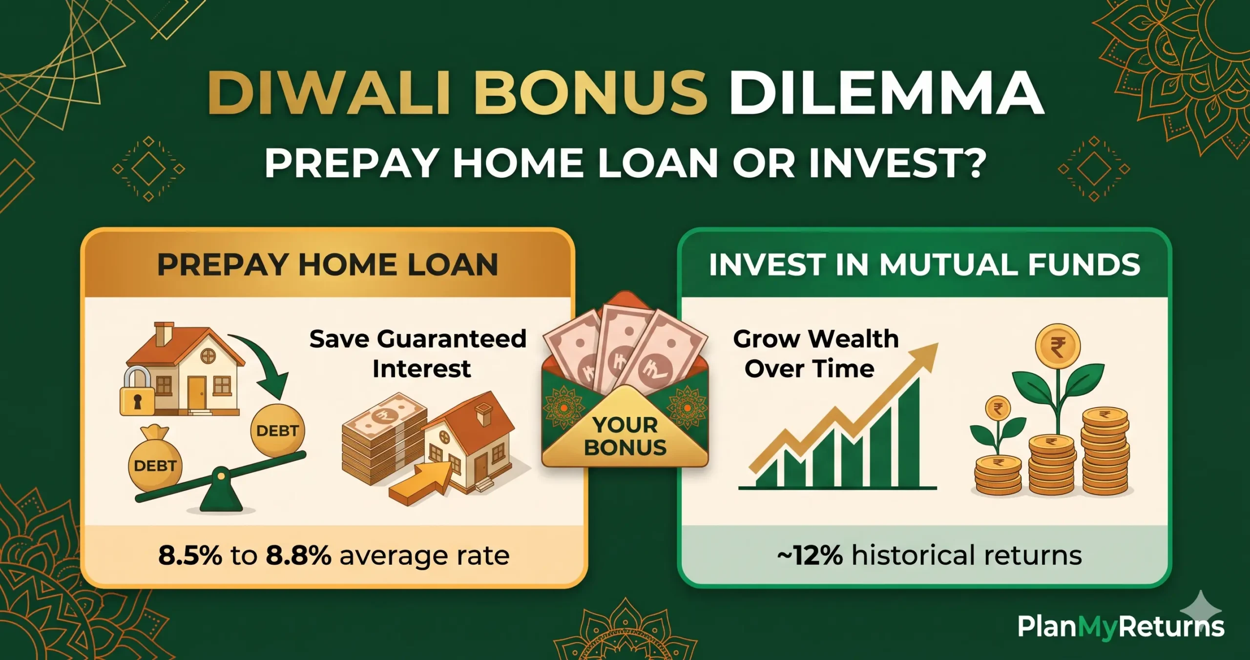 difference between prepaying an 8.5% home loan and investing for a 12% return using a Diwali bonus.