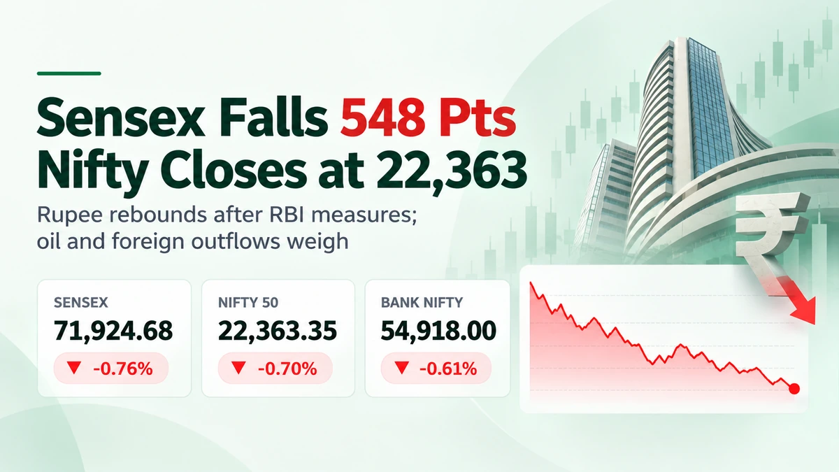 Sensex falls 548 points to 71,924.68 and Nifty closes at 22,363.35 as the rupee rallies after RBI measures on 12 October 2026.