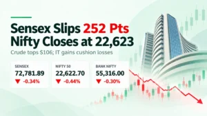 Indian stock market on 14 October 2026 showing Sensex at 72,781.89, Nifty at 22,622.70 and market indices declining as crude oil tops $106.