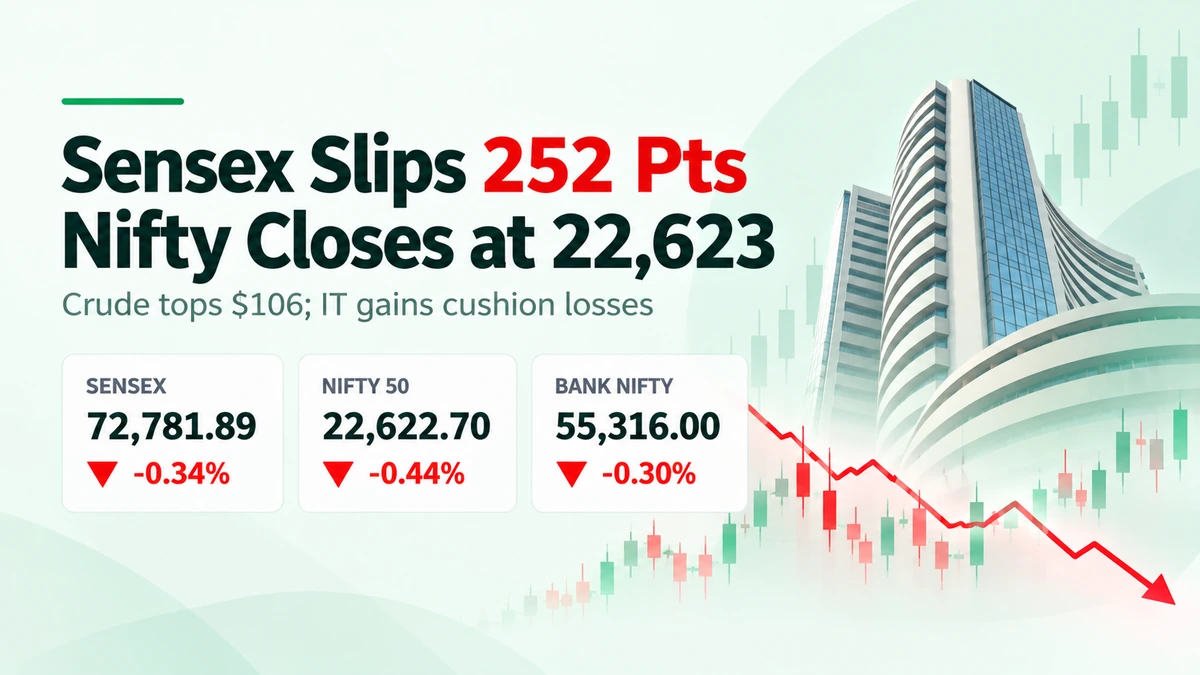 Indian stock market on 14 October 2026 showing Sensex at 72,781.89, Nifty at 22,622.70 and market indices declining as crude oil tops $106.