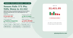 Indian stock market and economy overview on 1 October 2026 showing Sensex falling 571 points, Nifty dropping to 22,422, manufacturing PMI reaching 56.8, and auto stocks gaining on dispatches.