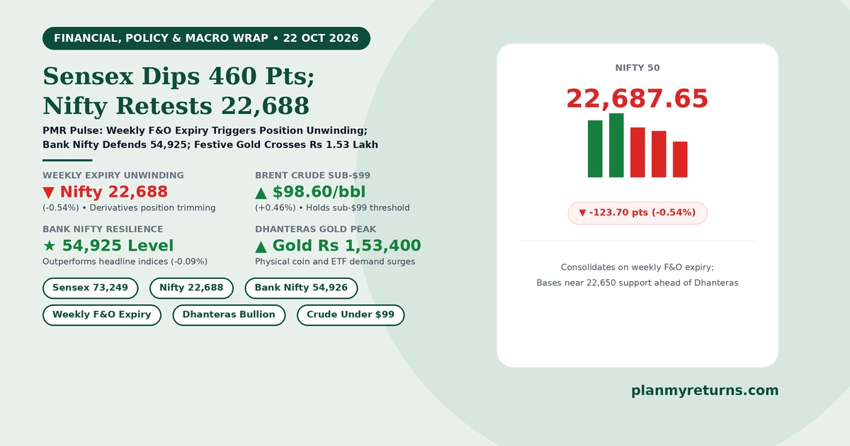 Indian stock market and economy overview on 22 October 2026 showing Sensex easing 460 points to 73,249, Nifty testing 22,688, Bank Nifty holding 54,925, and gold trading near Rs 1.53 lakh.