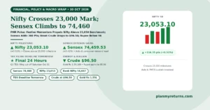Indian stock market and economy overview on 30 October 2026 showing Nifty crossing 23,000 to 23,053, Sensex at 74,460, Bank Nifty at 54,687, and Brent crude steady at $96.50.