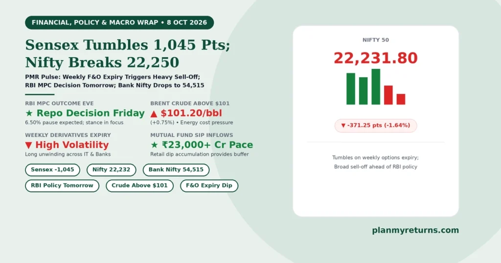 Indian stock market and economy overview on 8 October 2026 showing Sensex falling 1,045 points, Nifty sliding to 22,232, Bank Nifty dipping to 54,515, and crude oil topping 101 dollars.