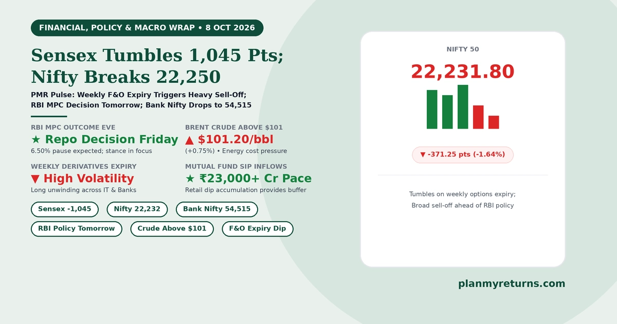 Indian stock market and economy overview on 8 October 2026 showing Sensex falling 1,045 points, Nifty sliding to 22,232, Bank Nifty dipping to 54,515, and crude oil topping 101 dollars.