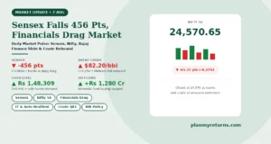 Indian stock market performance on 7 August 2026 showing Sensex fall, financial stock decline, and crude oil rebound.