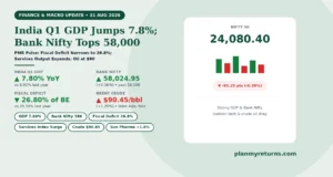India Q1 GDP growth of 7.8 percent, fiscal deficit narrowing to 26.8 percent, and Bank Nifty crossing 58000 on 31 August 2026.